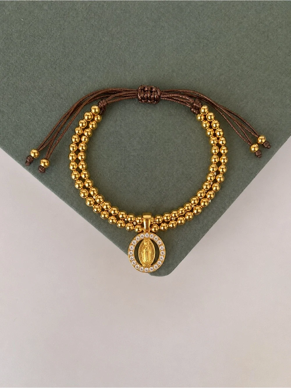 Gold Virgin Mary Charm Beaded Bracelet - Women's Religious Jewelry